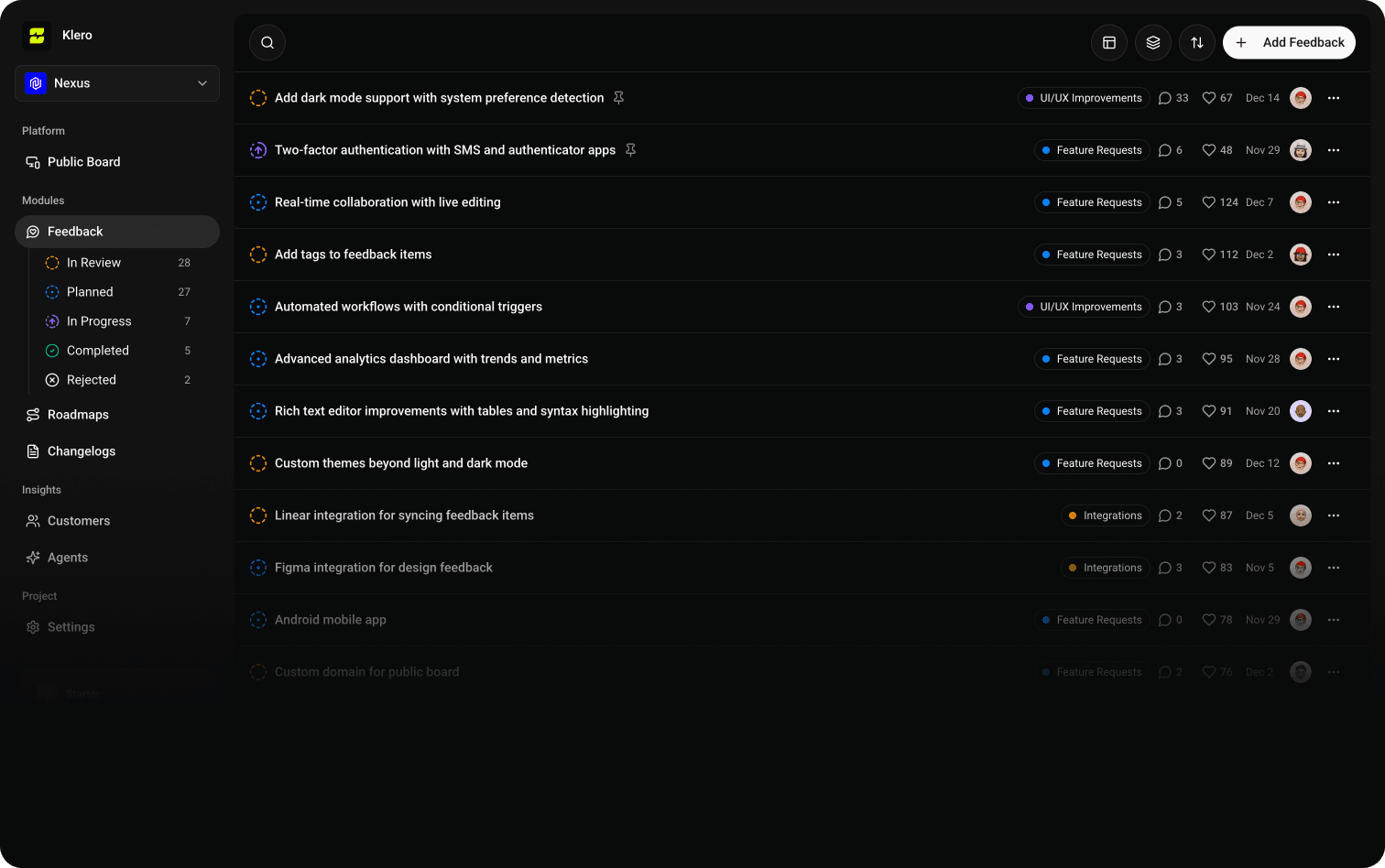 Klero feedback board with customer requests and prioritization workflow