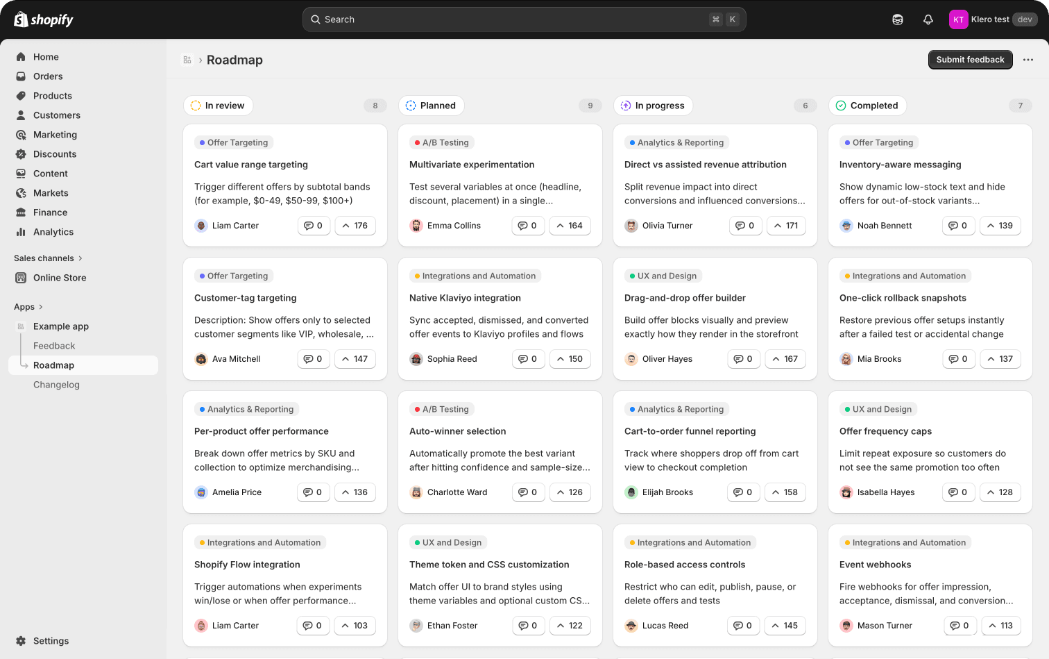 Klero product roadmap for Shopify apps